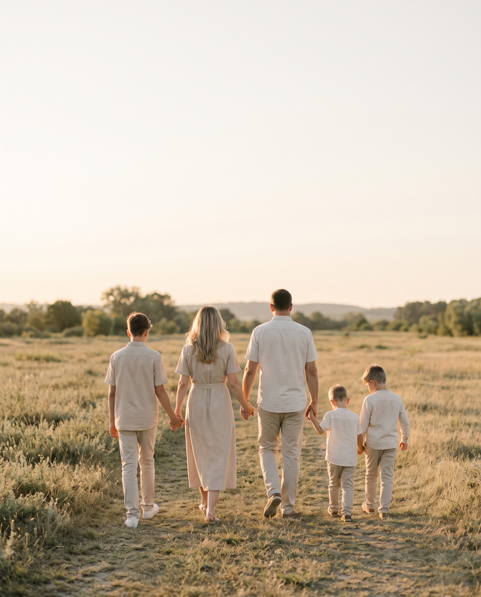 Uma família de costas, de mãos dadas, caminhando por um campo